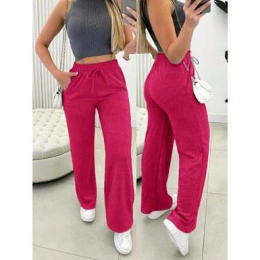 Imagem de Calça pantalona de lazinho feminina cintura alta com bolso pra inverno