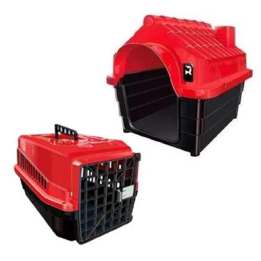 Imagem de Casinha Plástica N3 + Caixa Transporte Pet Cão Gato Vermelho - MecPet