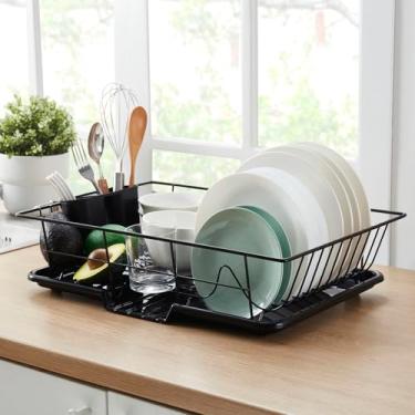 Imagem de Conjunto de escorredor de pratos de 3 peças – Escorredor de pratos compacto com suporte de utensílios removível e dreno para pia de cozinha ou bancada – escorredor de pratos resistente à ferrugem e