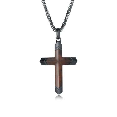 Imagem de Colar de cruz de madeira para homens, pingente de crucifixo de madeira cristã de aço inoxidável