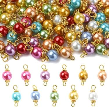 Imagem de Ipotkitt 100 peças 10 estilos de pingentes de conector redondo de vidro perolado imitação de pérola em forma de bola amuletos para joias faça você mesmo, pulseira, colar, brincos, chaveiros