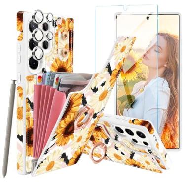 Imagem de Casewind Capa carteira para Samsung Galaxy S24 Ultra, [protetor de tela + protetor de lente da câmera] Capa de couro floral flip com 5 porta-cartões, suporte de anel de 360°, capa de telefone para