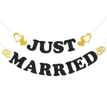 Imagem de Banner Just Married, faixa de festa de casamento com glitter, banners de casamento para recém-casados, decorações de despedida de solteira, suprimentos, acessórios, lembrancinhas, presente (preto