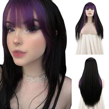 Imagem de Sofeiyan Peruca longa reta com franja preta com tiras roxas, peruca de substituição de cabelo sintético resistente ao calor para mulheres, meninas, 66 cm