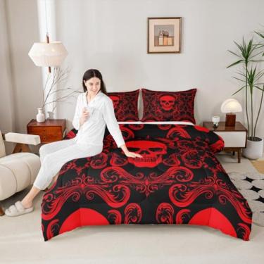 Imagem de Feelyou Conjunto de edredom damasco para crianças, meninos, meninas, Queen, crânio de açúcar, colcha de edredom barroco vitoriano antigo, edredom gótico de esqueleto boêmio, decoração gótica vintage