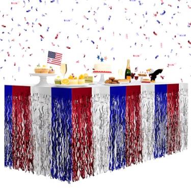 Imagem de Pacote com 2 saias de mesa onduladas vermelhas, azuis, prateadas, 76 x 274 cm, com franja metálica, para mesa retangular e redonda, para decorações de aniversário, casamentos, artigos de festa de