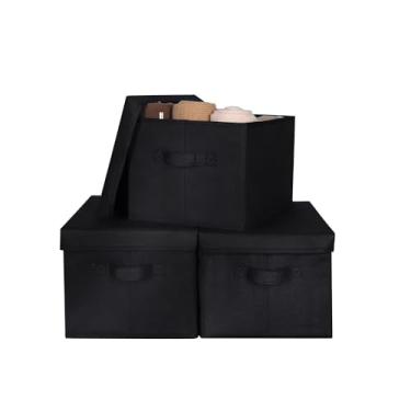 Imagem de WUIKE Pacote com 3 caixas de armazenamento de tecido grandes com tampas, caixas de armazenamento decorativas com alças, cestas de armazenamento para prateleiras, recipientes de armazenamento dobráveis