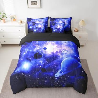 Imagem de Conjunto de cama espacial com estampa 3D, universo, nuvem, galáxia, 7 peças, para crianças, meninos, meninas, estampa de luz das estrelas, em uma bolsa com edredom, lençóis, fronhas, sistema solar