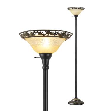 Imagem de Luvkczc Luminária de chão Torchiere para sala de estar – Lâmpada de pé vitoriana de 178 cm com persiana de vidro gravado, lâmpadas de chão de canto para quarto/escritório