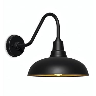 Imagem de Acoji Luminária de celeiro pescoço de ganso para ambientes externos de 35,5 cm – Luminária industrial preta para montagem na parede, à prova de intempéries e resistente à ferrugem, estilo vintage de