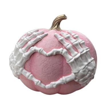 Imagem de Baoblaze Decoração de abóbora de Halloween, escultura gótica com mãos de esqueleto para mesa de centro, prateleira de quarto, Rosa