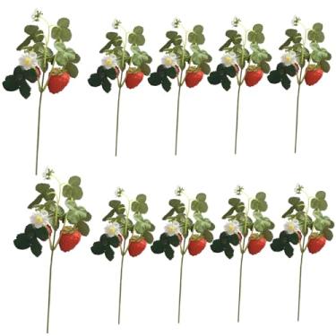 Imagem de Planta de morango artificial, 10 peças, simulação de 26 cm, morangos falsos com folhas e 2 cabeças, decoração decorativa de frutas de seda para restaurante de festa em casa, morangos falsos