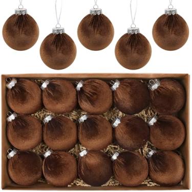 Imagem de 15 bolas de veludo de Natal 8 cm marrom escuro flocado conjunto de enfeites de Natal bolas decorativas de Natal para árvore de Natal guirlanda de mesa centro de mesa decoração de festival (marrom