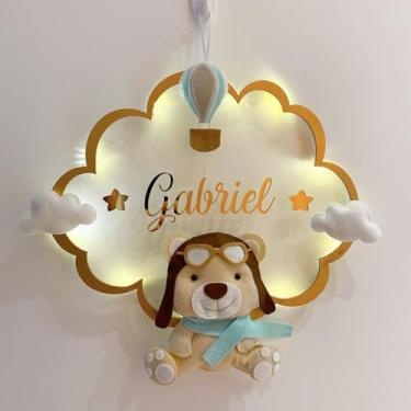 Imagem de Porta Maternidade Nuvem Ursinho Aviador Led Acrílico e Espelho