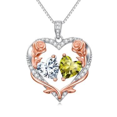Imagem de Zoeniya Colar de coração rosa, presente para mulheres, banhado a ouro branco 18 k, pedra do mês de nascimento de 12 meses, presente de aniversário e Natal para sua esposa, namorada, 25mm, base