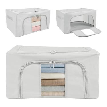 Imagem de 3 caixas de armazenamento de roupas, organizadores de armário empilháveis dobráveis recipientes de armazenamento de pano Oxford com tampa, caixa de armazenamento de roupas com janela transparente e