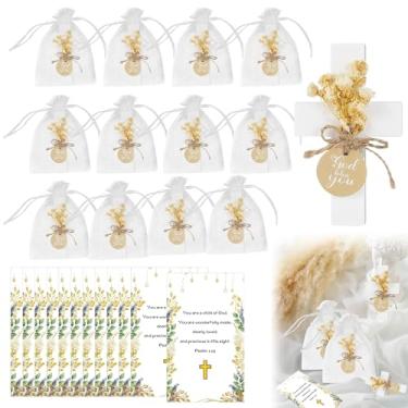 Imagem de 12 peças de lembrancinhas de batismo para convidados primeira comunhão ímãs de cruz de madeira com flor, cartões comemorativos, bolsa, para decoração de festa de batismo, reunião, chá de bebê