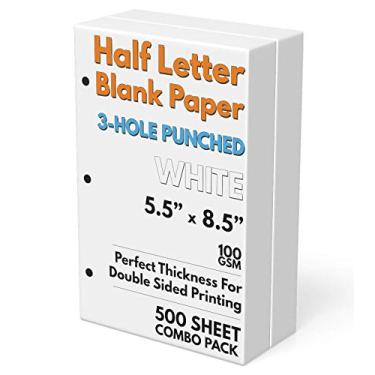 Imagem de Papel em branco meia letra, perfurado com 3 furos, 500 folhas/1.000 páginas, 100 GSM, refil para fichário de papel para impressora, 14 x 21,6 cm.