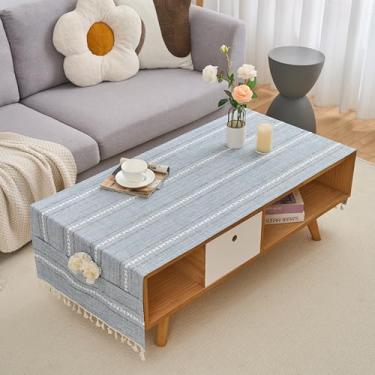 Imagem de Toalha de mesa de café retangular listrada toalha de mesa de linho rústica com borlas e bolsos bordada jacquard lavável capas de mesa de café para sala de estar, cozinha, decoração de casa, 50 × 152
