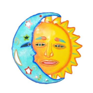Imagem de Arte de parede de metal com rosto de lua e sol – Decoração de parede interna e externa - Escultura haitiana feita à mão para jardim, cerca, quintal, pátio, piscina, sala de estar, quarto, varanda