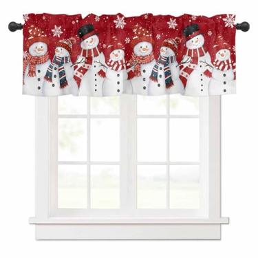 Imagem de Cortina vermelha de Natal para janelas de cozinha, boneco de neve com cachecol, cortina de nível de chapéu, flocos de neve, tratamento de janela de inverno, sanefas vermelhas para quarto/sala de estar