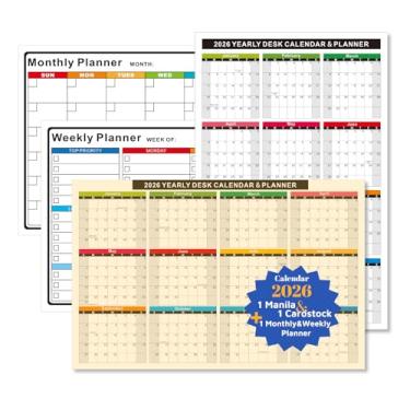 Imagem de Pacote com 2 calendário 2026 e 1 pacote de planejador mensal e semanal (aminado) - 28 x 43 cm, calendário de parede/mesa, 12 traças dos dois lados, vertical e horizontal, reversível. Planejador mensal