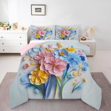 Imagem de Erosebridal Conjunto de cama de solteiro, floral vintage, rosa e azul, para meninas, adolescentes, boêmio, flores silvestres, decoração de quarto de casa de campo com 1 fronha, ultramacio
