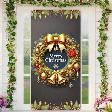 Imagem de BlissYard Capa de porta de guirlanda de Feliz Natal, 89 x 188 cm, faixa dourada para porta, decorações festivas, festas de fim de ano, portas de tecido de poliéster, mural para pendurar na parede