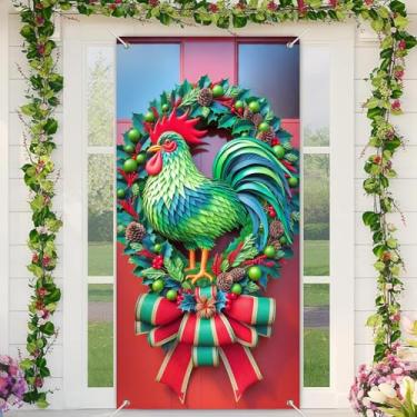 Imagem de BlissYard Capa de porta de Natal decoração de guirlanda de galo verde, faixa festiva para porta da frente 89 x 188 cm, para decoração de parede interna e externa, tecido de poliéster, estilo de férias