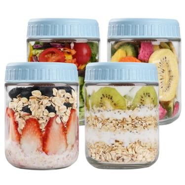 Imagem de Recipientes de aveia noturnos com tampas, potes de vidro de 473 ml com tampas, 4 peças, azul claro, frascos de vidro de boca larga para salada, iogurte, lanches, preparação de refeições