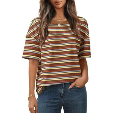 Imagem de Camisa feminina MEROKEETY de verão de manga curta listrada Rust