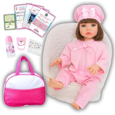 Imagem de Boneca Bebê Reborn Menina Realista em Silicone com Bolsa Maternidade e Acessórios Inclusos 48 cm (Roupa Rosa)