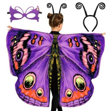 Imagem de Super Big Sister Girls Butterfly Wings Costume Kids Fairy Wings Accessories Headband Mask Halloween Dress Up Gift (Purple)