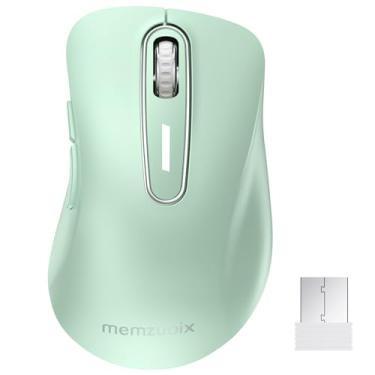 Imagem de memzuoix Mouse sem fio de 2,4 G, receptor USB de mouse de computador de 1400 DPI, mouse USB portátil sem fio alimentado por bateria para laptop, PC, desktop, 5 botões (verde claro)