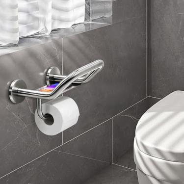 Imagem de Suporte de papel higiênico para barra de apoio, barra de apoio 3 em 1 para banheiro com suporte de vaso sanitário e prateleira de telefone, barra de suporte de papel higiênico de segurança de aço