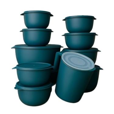 Imagem de Conjunto de 10 saladeiras ou 5 saladeiras + jarro de 1,8 litros Saladeiras de cozinha Recipientes plásticos para armazenamento de alimentos (10 Cinza azulado + Jarra)