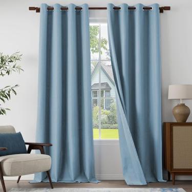 Imagem de Cortinas texturizadas de linho 100% blackout para sala de estar, quarto, cortinas leves com ilhós, proteção total de privacidade, azul claro, 132 cm L x 274 cm C, 2 painéis