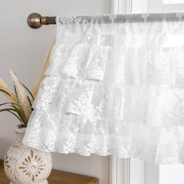Imagem de Kotile Saia de renda branca com babados para janelas 1 painel L 130 x C 45 cm, rústico, floral, vintage, saia com babados para janela de cozinha sobre a pia, cortina curta com babados de 45,7 cm de
