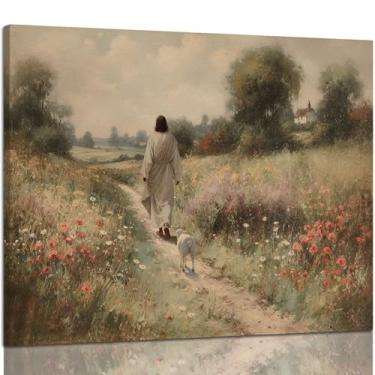 Imagem de Gardenia Art Pôster clássico Jesus e Ovelhas Perdidas Impressão Country Wildflower Field Painting Cristão Jesus Deus Salvador Imagem de Parede para Casa Sala de Oração Quarto Decoração de Igreja