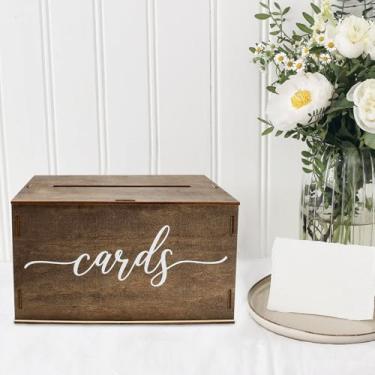 Imagem de Caixa de cartão de casamento de madeira, caixa de cartão de presente de madeira com slot e tampa, caixa de envelope de cartão de felicitações rústica, caixas de dinheiro marrom, armazenamento de