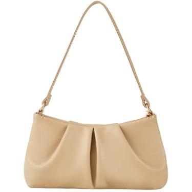 Imagem de Bolsa feminina de couro vegano, franzida, bolsa tiracolo com corrente de metal removível, Nude.