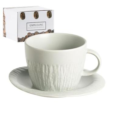 Imagem de QNMUSUNC Copo de café com leite de cerâmica com pires, 200 ml, caneca de café, xícaras de café expresso para cappuccino, chá de leite e mocha, seguro para lava-louças e micro-ondas (cinza)