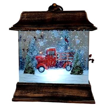 Imagem de Gerson International Globo de Neve Iluminado de Lanterna de Água de Natal de 9,5" com Glitter Giratório Contínuo - Cena de Neve com Caminhão Vermelho Vintage