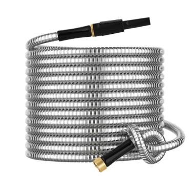 Imagem de Mangueira de jardim de metal não expansível de 9 pés com bico pulverizador, flexível, sem dobras, tubo de água leve e resistente, mangueira de água externa de aço inoxidável para jarda de 9 metros