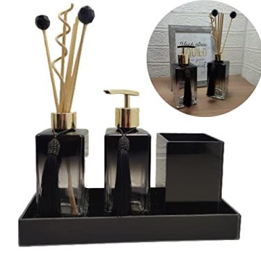 Imagem de Kit Lavabo Luxo Vidro Preto Degradê 4 Peças Conjunto Decorativo Dispenser, Aromatizador, Porta Escova Pinceis e Bandeja Decotariva Detalhes Prata Dourado ou Rosê Gold (PRETO E DOURADO)