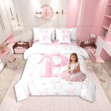 Imagem de Jogo de cama infantil com laço rosa em uma bolsa, conjunto de edredom feminino com laço para decoração de quarto de princesa, monograma fofo, nó de borboleta, 7 peças, conjunto de cama com desenho