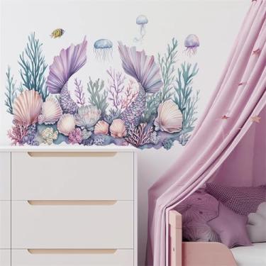 Imagem de sacinora Adesivos de parede de cauda de sereia roxa, conchas de sereia sob o mar, decalques de parede de algas marinhas de coral, adesivos de parede removíveis de vinil para meninas e crianças