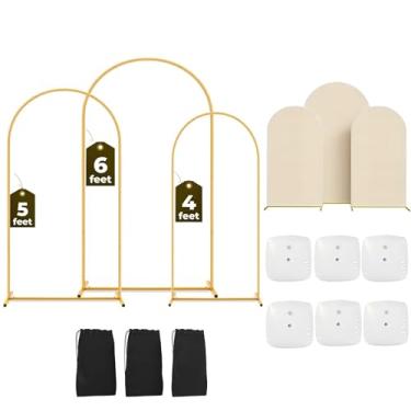 Imagem de Eco Joy Pacote com 3 (1,5 e 1,5 m e 1,5 m | Arco de pano de fundo de metal, suporte de balão, sacos de água e armazenamento | festa, show de noiva, aniversário, decorações de chá de bebê (capa bege)