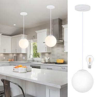 Imagem de KoKo&Yukina Luminária pendente globo de 20 cm globo branco luzes pendentes ilha cozinha luminária de meados do século com sombra de vidro branco leitoso ajustável cluster luzes para sala de jantar