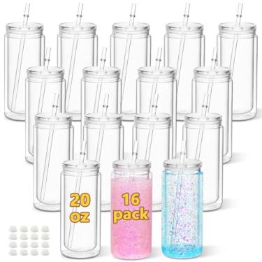 Imagem de Maucircol Copo de globo de neve de acrílico de 590 ml, pacote com 16 copos de globo de neve de plástico pré-perfurado de parede dupla para globo de neve com glitter, com tampa transparente